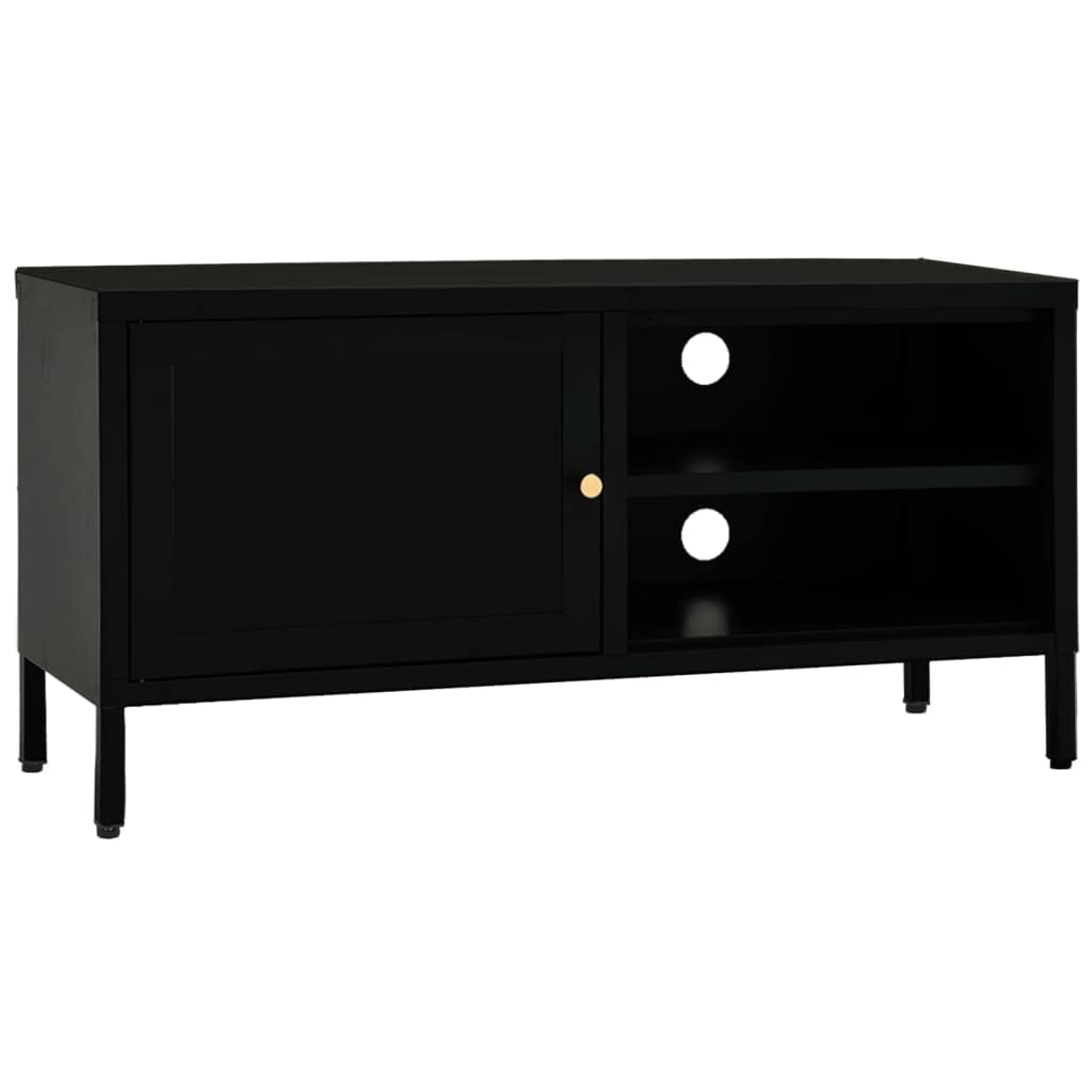 vidaXL Modern TV Stand Cabinet with Glass Door and Open Shelves, Black Powder-Coated Steel and Tempered Glass, 35.4&quot;x11.8&quot;x17.3&quot;