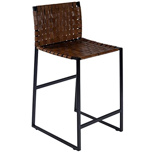 HomeRoots Medium Brown Iron Brown Woven Leather Counter Stool