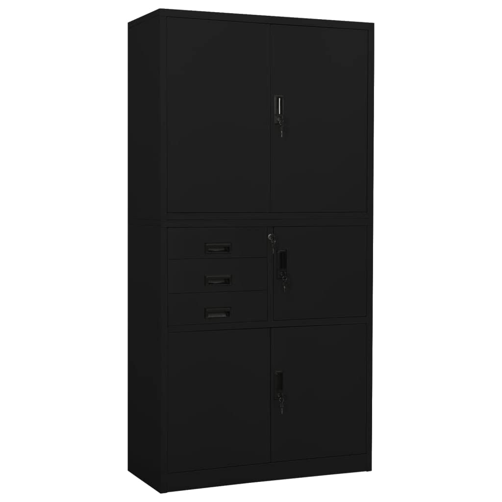vidaXL Black Steel Office Cabinet, 90 x 40 x 180 cm, 3 Shelves, 3 Lockable Drawers, Modern Style, Home Office File Storage