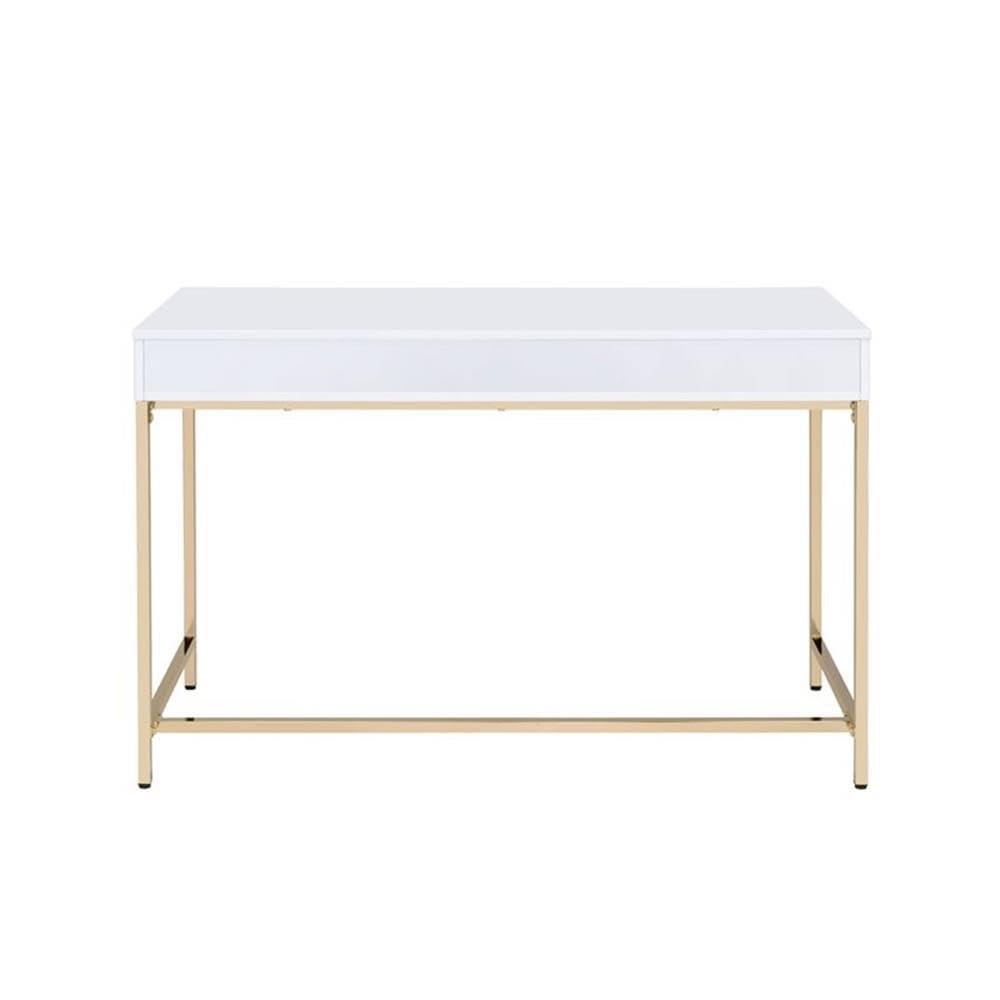 Acme Ottey 2-Drawer Vanity Desk with Metal Legs in White High Gloss and Gold