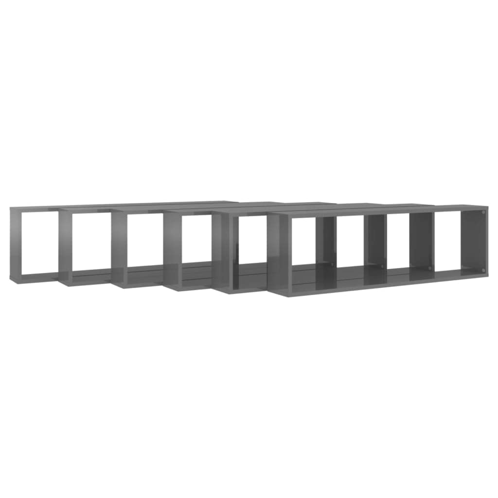 vidaXL Wall Cube Shelves 6 pcs High Gloss Gray 39.4"x5.9"x11.8" Engineered Wood