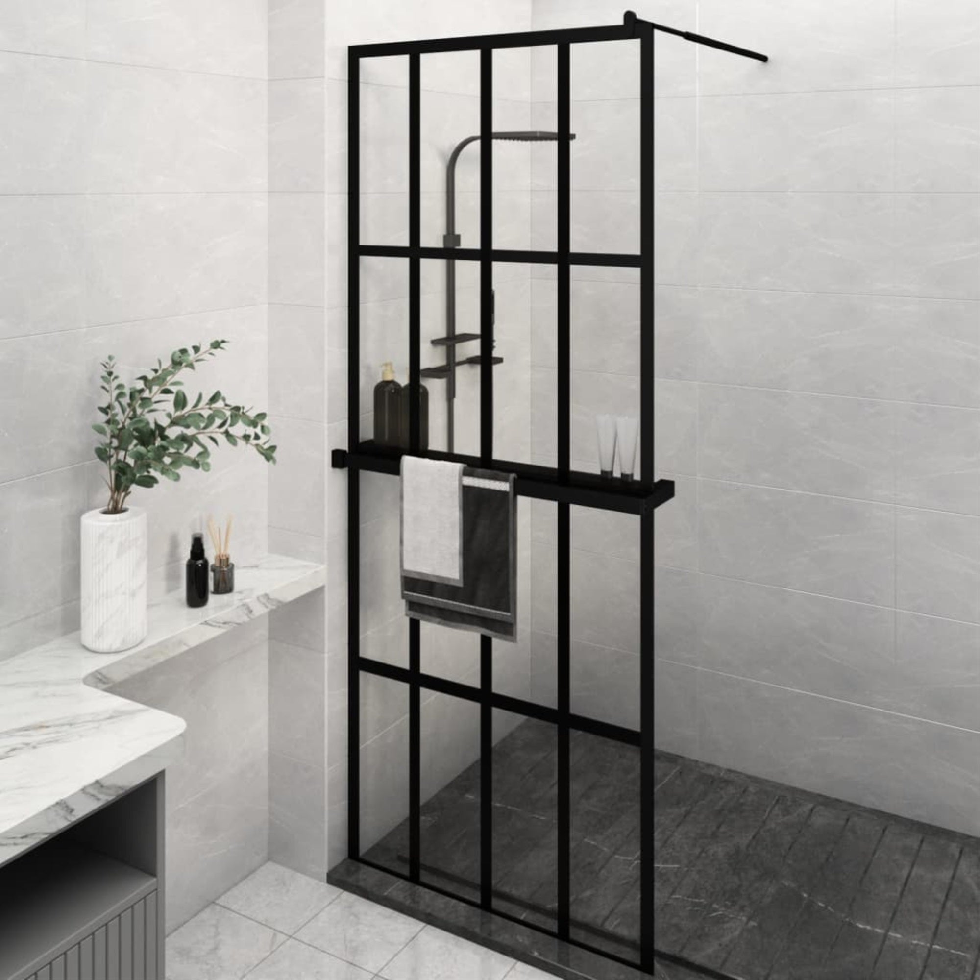 vidaXL Walk-in Shower Wall with Shelf Black 31.5''x76.8'' ESG Glass&Aluminum