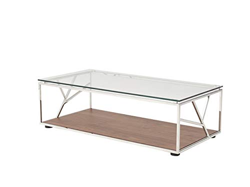 HomeRoots 15' Walnut Veneer, Glass and Steel Kitchen Coffee Table