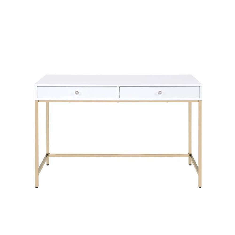 Acme Ottey 2-Drawer Vanity Desk with Metal Legs in White High Gloss and Gold