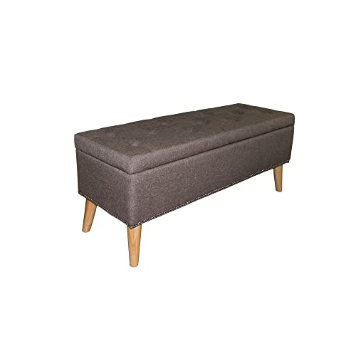 HomeRoots Wood, Polyurethane Foam: 97%, Polyester Fabric: 3% Gray Brown Linen Look Tufted Storage Bench