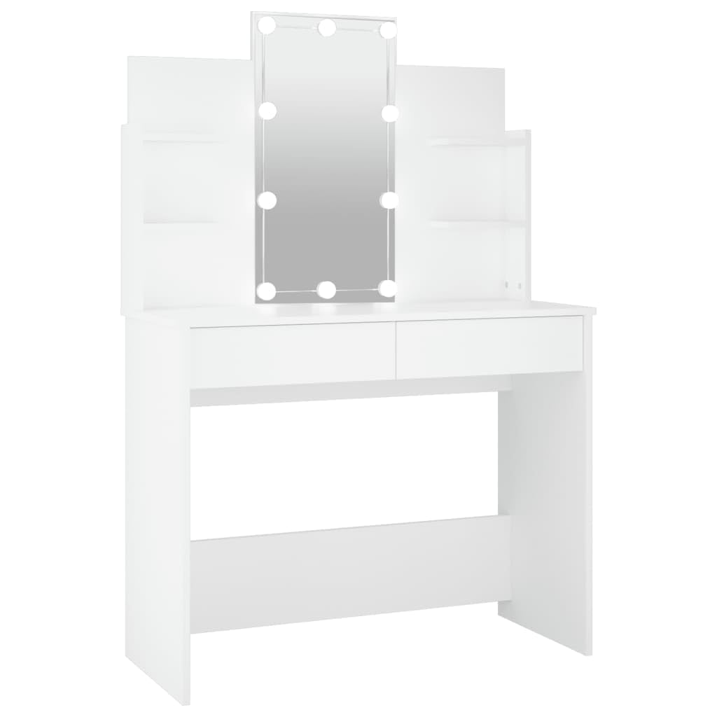 vidaXL LED Lit Modern Dressing Table with Asymmetrical Design, Engineered Wood Material, White, Stylish Bedroom Furniture with LED Lighting