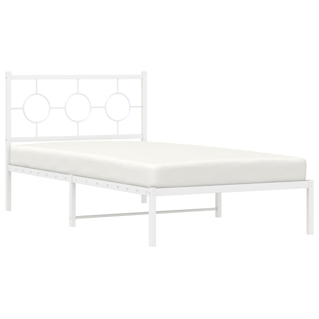 vidaXL White Steel Single Bed Frame with Headboard - Industrial Style, 39.4&quot;x78.7&quot; Mattress Compatible, Bedroom Platform Bed