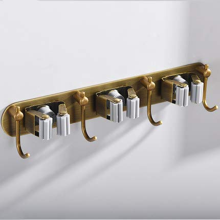 Fiunkes Mop Broom Holder Wall Mount Garden Tool Organizer, Brass Heavy Duty Tool Hanger with 3 Racks 4 Hooks for Kitchen Bathroo