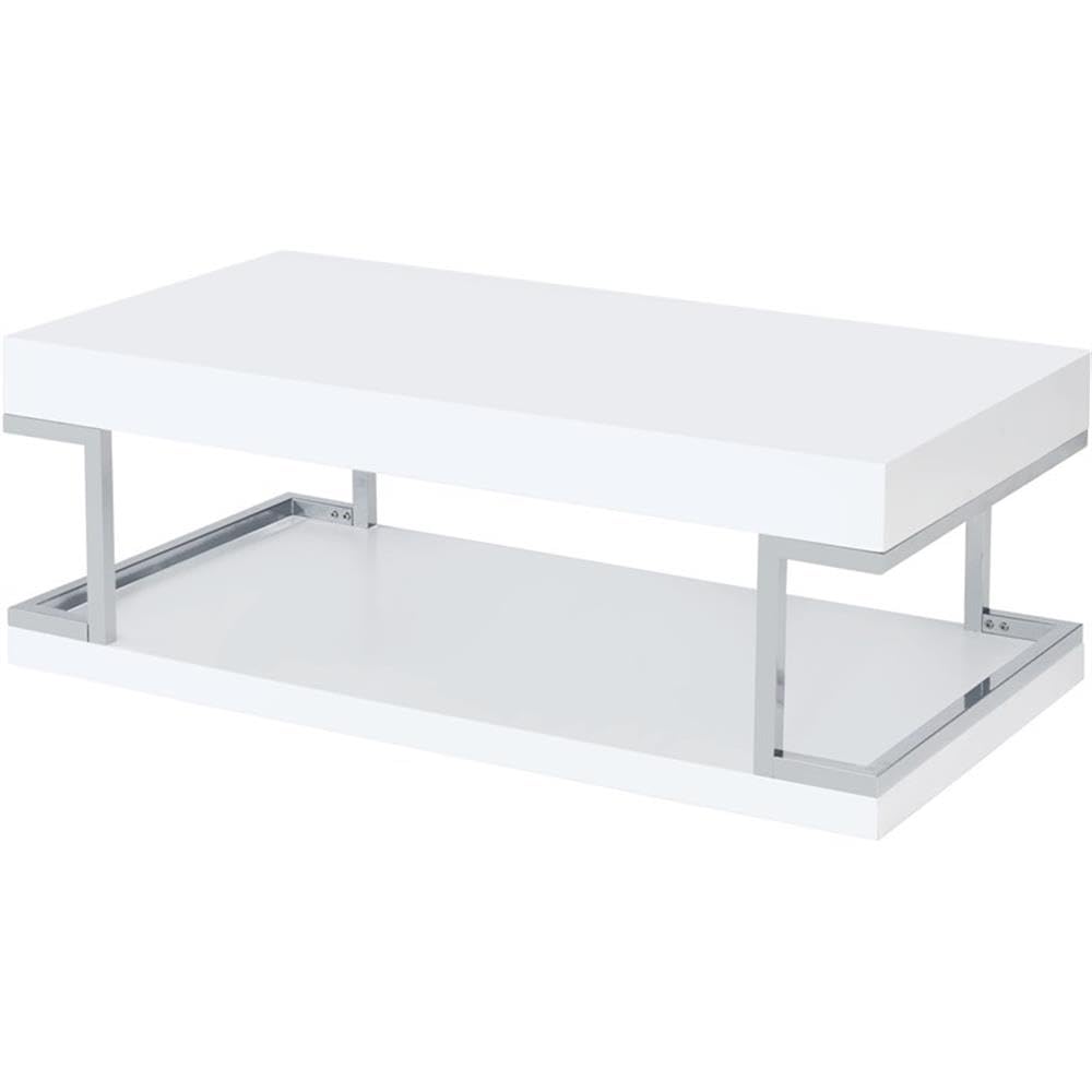 Acme Aspers Rectangular Wooden Top Coffee Table with Shelf in White High Gloss