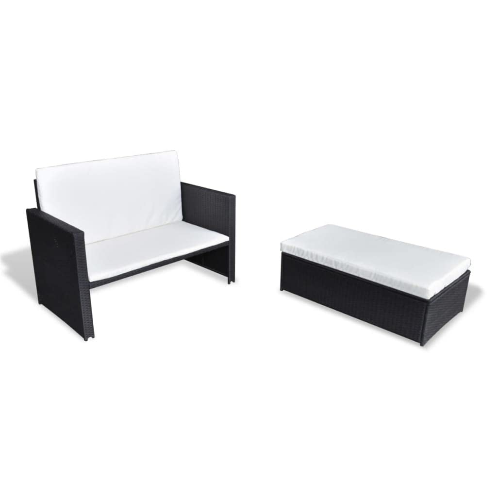 vidaXL 2 Piece Patio Lounge Set - Multifunctional Outdoor Suite with Sofa Bed/Stool Option, Poly Rattan, Weather-Resistant Construction, Comfortable Seat & Back Cushions, Black