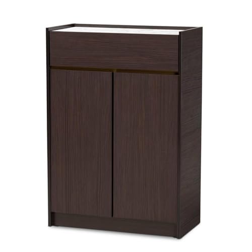 Baxton Studio Walker Modern and Contemporary Dark Brown and Gold Finished Wood Shoe Cabinet with Faux Marble Top, Dark BrownMarbleGold