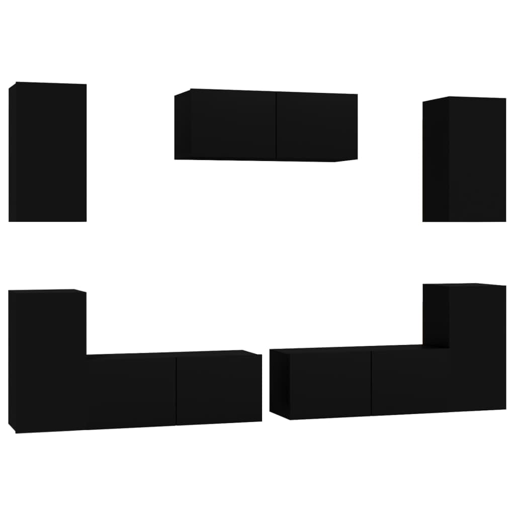 vidaXL TV Stand Set 7 Piece, Wall Mounted Entertainment Center, TV Stand Console with Storage, Modern Style, Black Engineered Wood