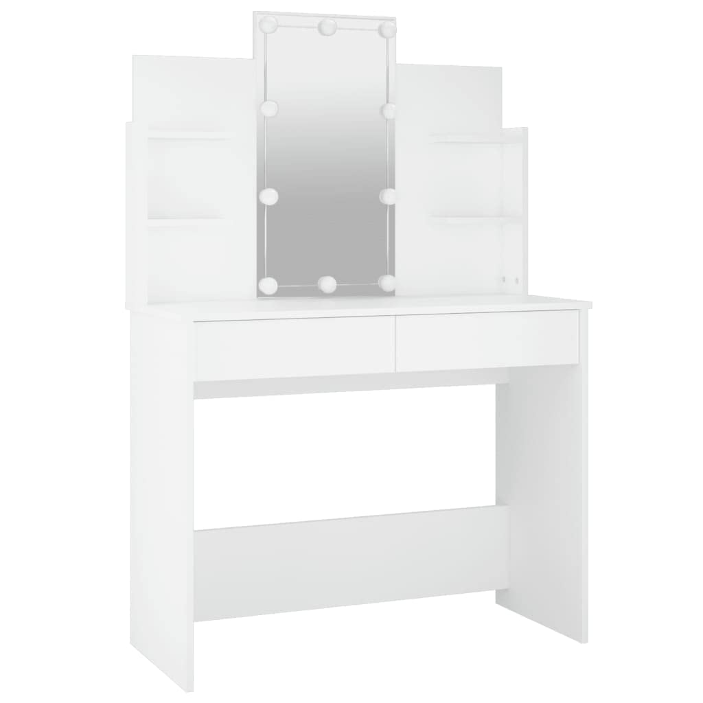 vidaXL LED Lit Modern Dressing Table with Asymmetrical Design, Engineered Wood Material, White, Stylish Bedroom Furniture with LED Lighting