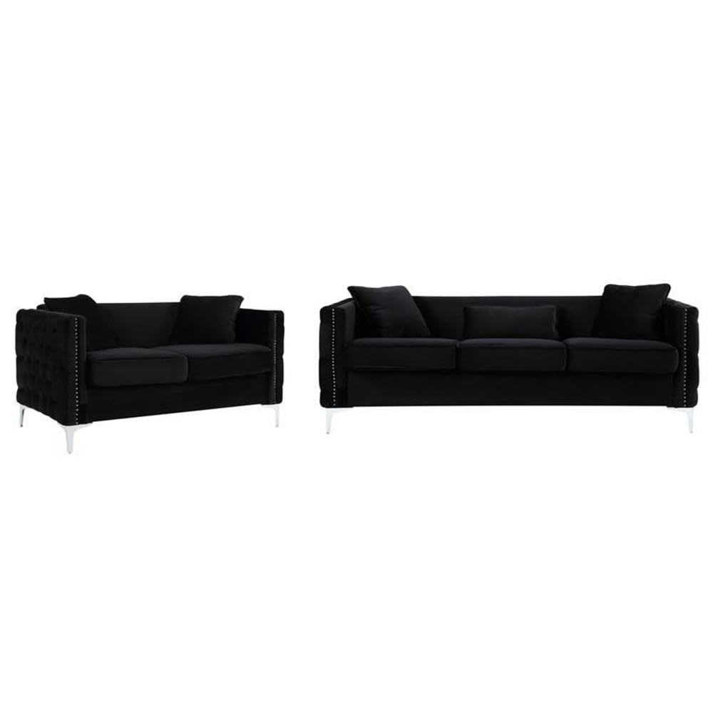 Lilola Home Bayberry Black Velvet Sofa Loveseat Living Room Set