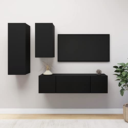vidaXL TV Cabinet Set 4 Piece Home Living Room Furniture TV Stand HiFi Stereo Cabinet Media Unit Entertainment Center Black Engineered Wood