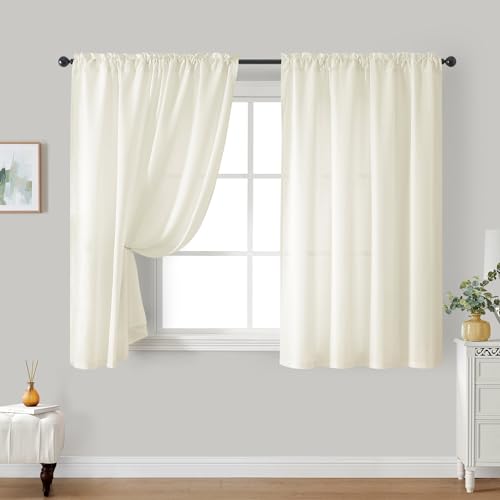 Homeideas Non-See-Through Cream Yellow Privacy Sheer Curtains 52 X 45 Inches Long 2 Panels Light Yellow Sheer Curtains Light Filtering Window Curtains Drapes For Bedroom Living Room