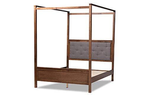 Baxton Studio Natasha Modern and Contemporary Grey Fabric Upholstered and Walnut Brown Finished Wood Queen Size Platform Canopy Bed