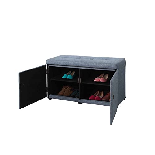 HomeRoots Wood, Polyurethane Foam: 97%, Polyester Fabric: 3% Blue Gray Linen Look Double Door Shoe Storage Bench