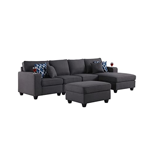 Lilola Home Cooper Dark Gray Linen 5Pc Sectional Sofa Chaise with Ottoman and Cupholder