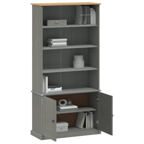 vidaXL VIGO Gray Solid Wood Pine Bookcase Storage - 3 Shelf Bookcase with Doors, Metal Knobs - 33.5&quot; x 13.8&quot; x 66.9&quot;