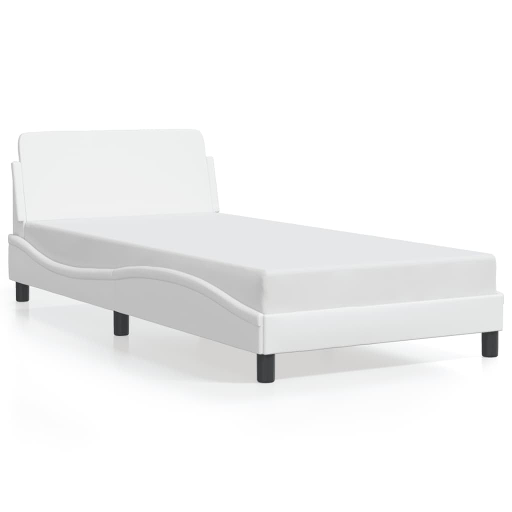 vidaXL Elegant White Faux Leather Bed Frame with Waved Design and Headboard - 39.4"x74.8" - Durable & Stain-Resistant Material, Supportive Plywood Slats, Easy Assembly for Bedroom Comfort