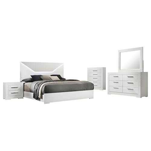 Coaster Home Furnishings Ives Contemporary 5-Piece Bedroom Set Eastern King Size LED Panel Bed Frame 57-inch Headboard White High Gloss 224941KE-S5