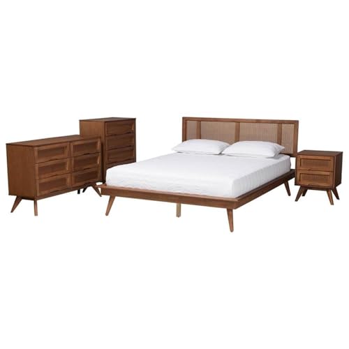 Baxton Studio Nura Mid-Century Modern Walnut Brown Finished Wood And Rattan Queen Size 4-Piece Bedroom Set