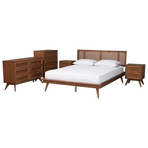 Baxton Studio Nura Mid-Century Modern Walnut Brown Finished Wood And Rattan Queen Size 5-Piece Bedroom Set