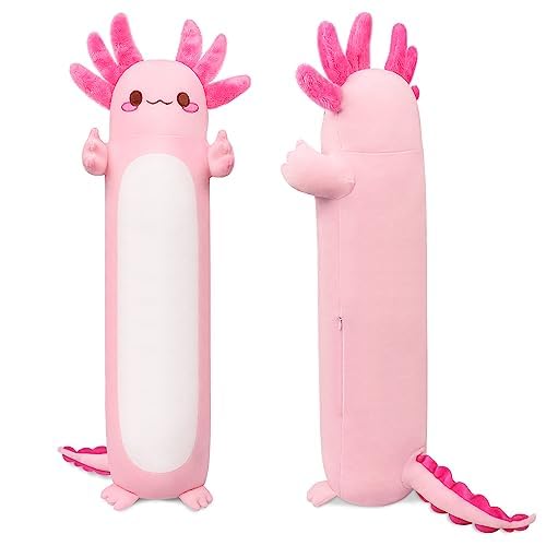 Auspicious Beginning 20' Cute Axolotl Stuffed Animal Plush Pillow, Soft Kawaii Cat Face Pink Axolotl Body Pillow Long Plush Dol