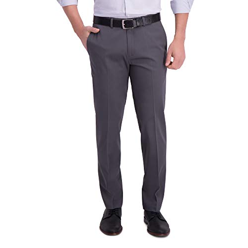Haggar Mens Iron Free Premium Khaki Straight Fit Flat Front Flex Waist Casual Pant, Dark Grey, 42 X 32