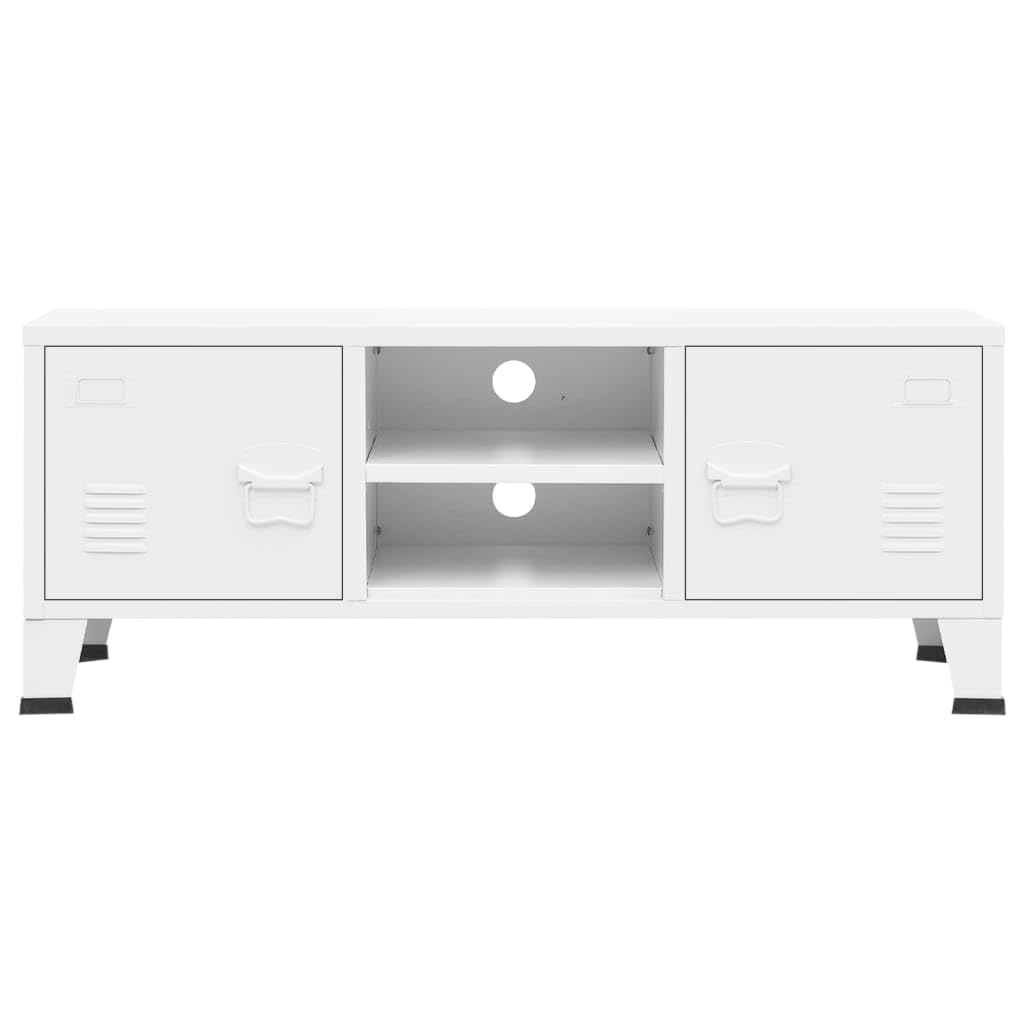 vidaXL White Pre-Assembled TV Cabinet, Industrial Metal TV Stand Unit with 2 Doors & 1 Shelf, Cable Management Design