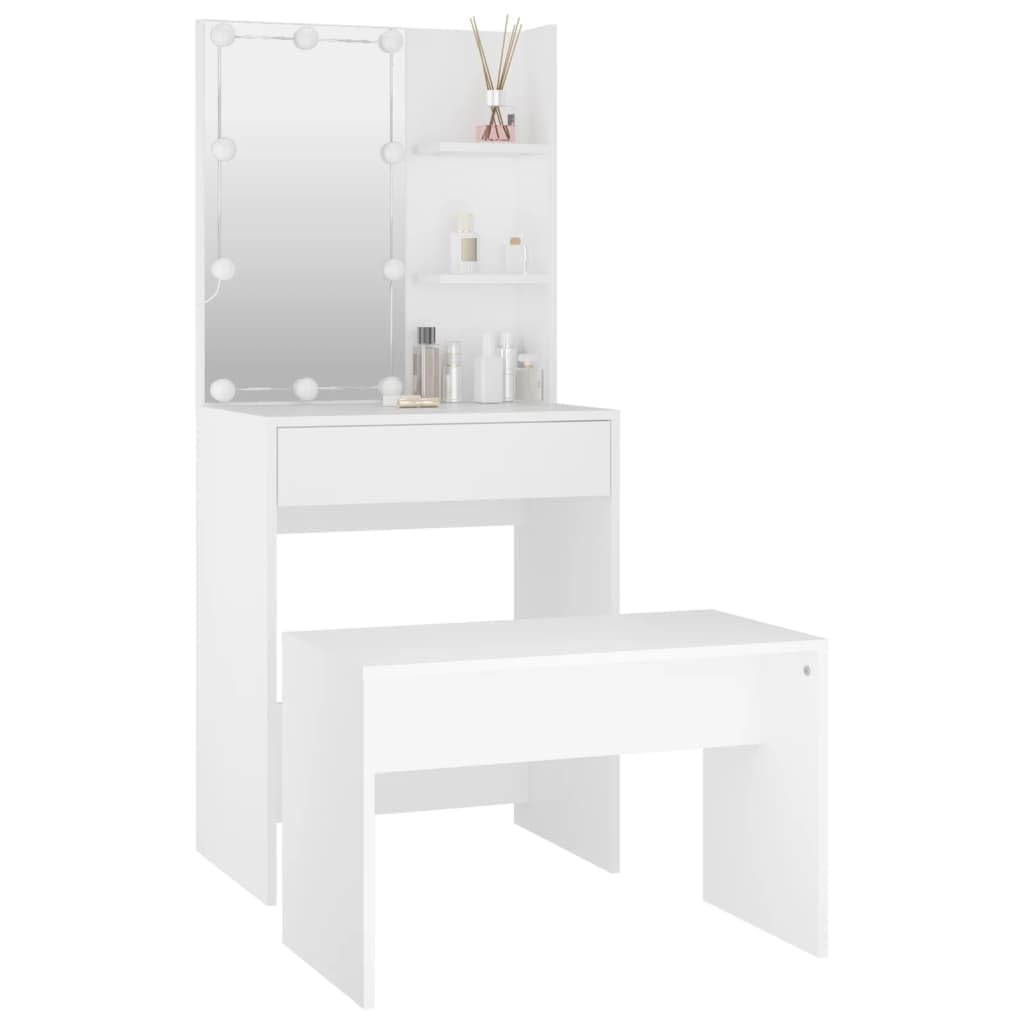 vidaXL Dressing Table Set with LED Makeup Vanity Desk Jewellery Cosmetic Mirrored Dressing Table Set with Stool White Engineered Wood
