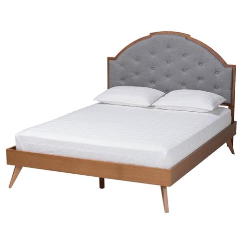 Baxton Studio Blanchard Mid-Century Modern Grey Fabric And Walnut Brown Wood King Size Platform Bed