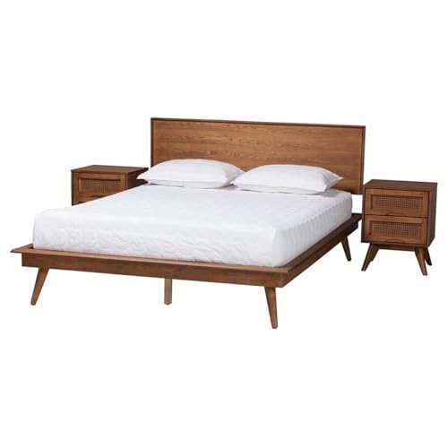 Baxton Studio Melora Mid-Century Modern Walnut Brown Finished Wood And Rattan Full Size 3-Piece Bedroom Set