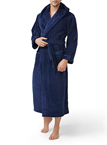 David Archy Mens Hooded Robe Plush Coral Fleece Warm Cozy Long Bathrobe (Xl, Navy Blue)