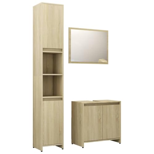 Vidaxl Bathroom Furniture Set 3 Piece Under Basin High Medium Cabinet Storage Mirror Laundry Room Washroom Cupboard Rack Sonoma Oak Engineered Wood