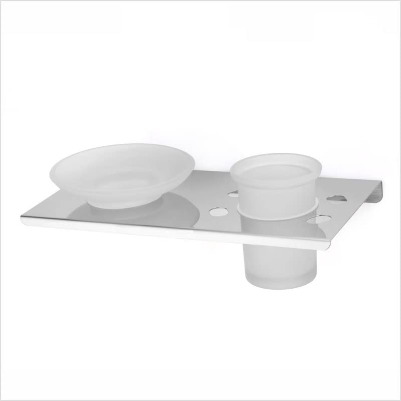 GRIVAN Wall Mount Smokey Glass with Stainless Steel Oval Toothbrush Holder with Toothpaste Holder and Soap Dish, Tumbler Holder,