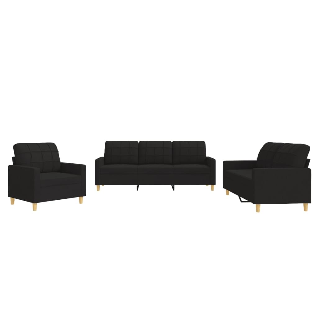 vidaXL Black 3-Piece Sofa Set with Cushions-Made of Durable Fabric and Sturdy Frame-Comprises Single, Double and Three-Seater Sofas for Modern Indoor Decor