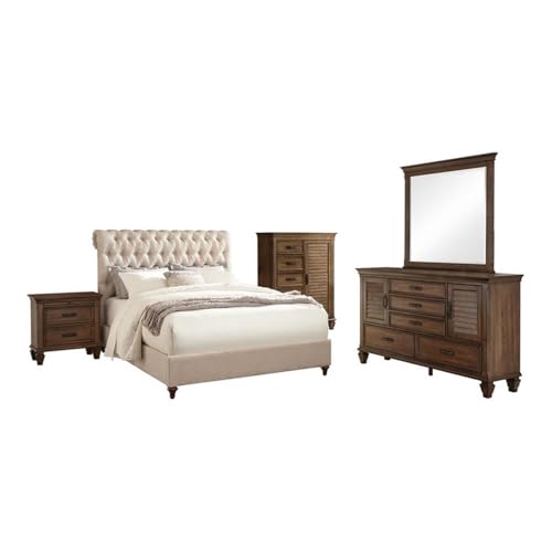 Coaster Home Furnishings Devon Farmhouse 5-Piece Bedroom Set Fabric Upholstered Full Size Panel Bed Frame 57-Inch Headboard Burnished Oak 300525F-S5