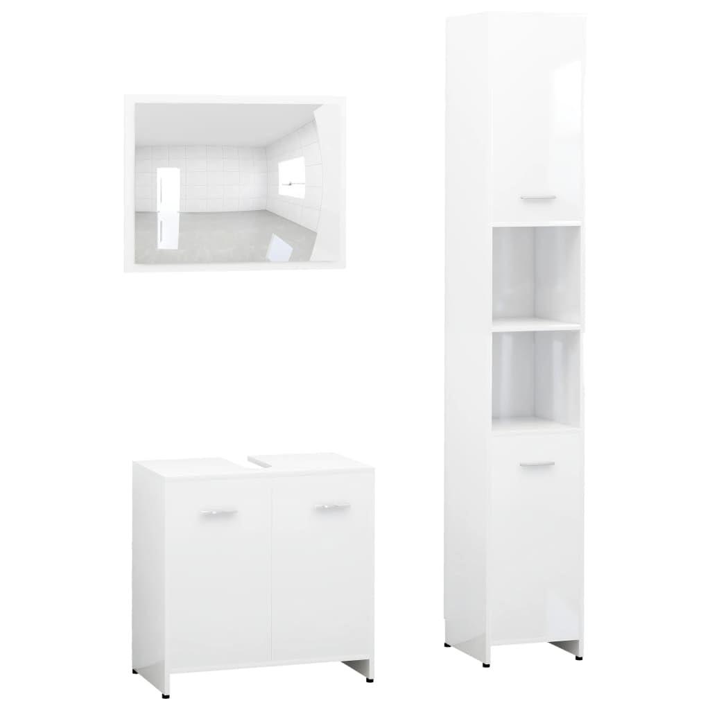 vidaXL Bathroom Furniture Set 3 Piece Home Washroom Laundry Room Storage Cabinet Cupboard Mirror Rack Furniture High Gloss White Engineered Wood
