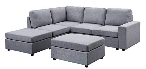 Lilola Home Marta Light Gray Linen 6 Seat Reversible Modular Sectional Sofa with Ottoman