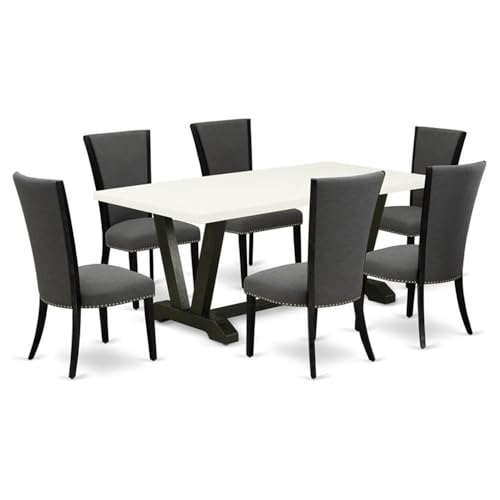 East West Furniture V627VE650-7 7 Piece Modern Dining Set Consists of a Linen White Dinning Table and 6 Dark Gotham Grey Linen Fabric Parson Chairs with High Back - Wire Brushed Black Finish