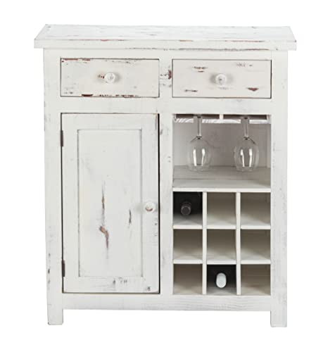 HomeRoots Distressed White Wood Rustic White Wine Cabinet with Two Drawers