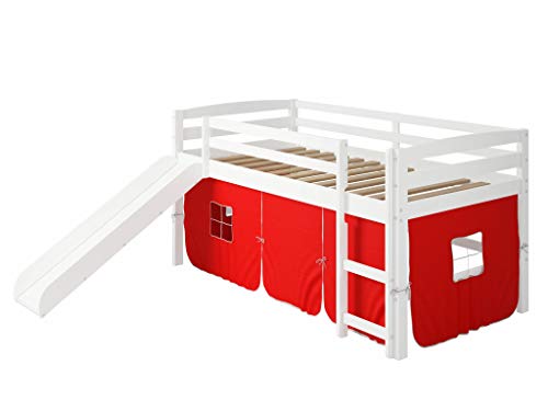 HomeRoots 41' X 81' X 46' White Solid Pine Red Tent Loft Bed with Slide and Ladder