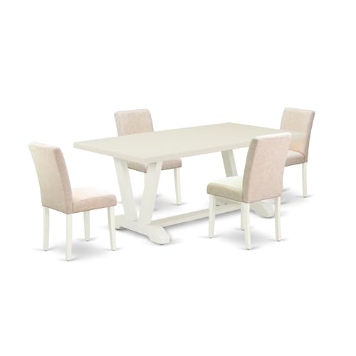 East West Furniture V027Ab202-5 5 Piece Dining Table Set Includes A Rectangle Kitchen Table With V-Legs And 4 Light Beige Linen Fabric Parson Dining Room Chairs, 40X72 Inch, Multi-Color