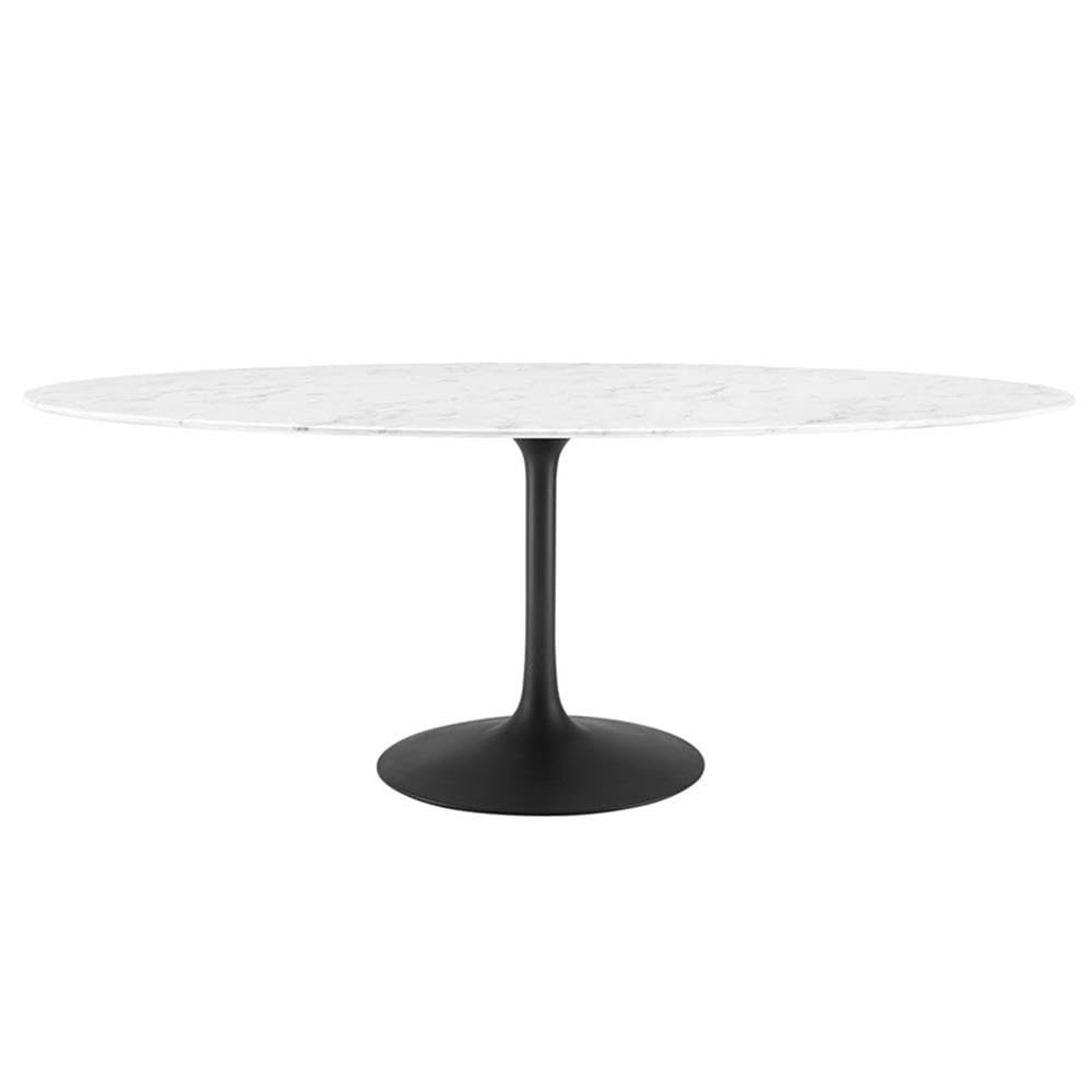 Modway Lippa 78&quot; Oval-Shaped Mid-Century Modern Dining Table with Artificial Marble Top and Black Base