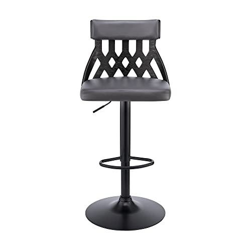 HomeRoots Poplar bentwood/Metal/Faux Leather/Foam Adjustable Gray Faux Leather and Black Lattice Bar Stool