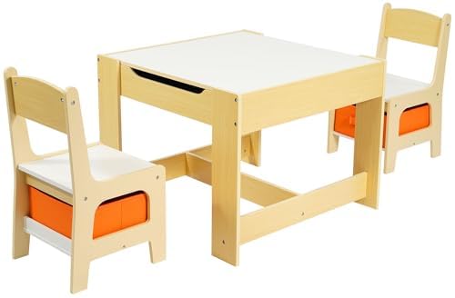 Elevon Table and Chairs Set, 3 in 1 Wooden Activity Table w/Storage, Desk Detachable Tabletop 2 in 1 for Drawing, Reading, Suita