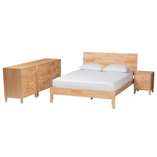 Baxton Studio Hosea Japandi Carved Honeycomb Natural King Size 4-Piece Bedroom Set