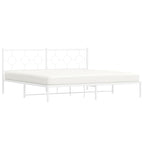 vidaXL White Metal King Bed Frame with Elegant Headboard - 76x79.9 Industrial Steel Construction, Breathable Slats, Added Bedroom Storage